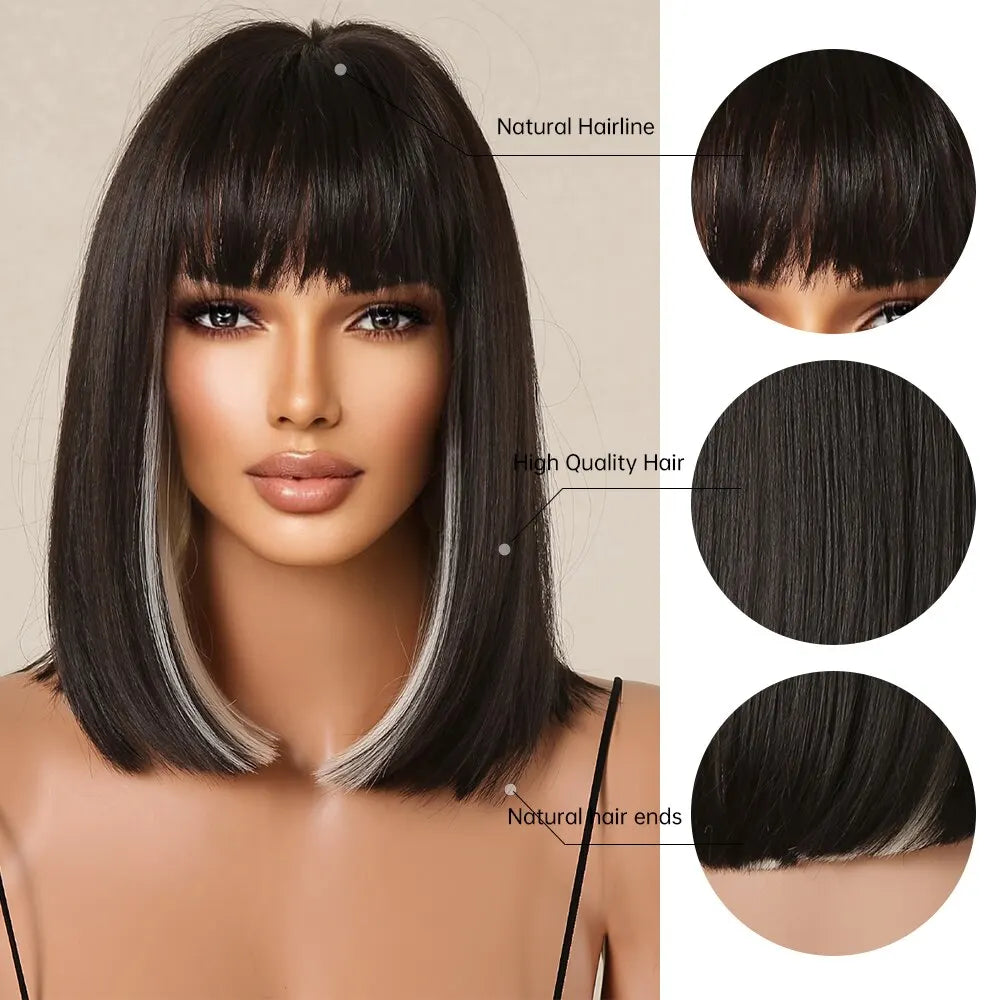 Black White Highlight Short Bob Wigs with Bangs Women