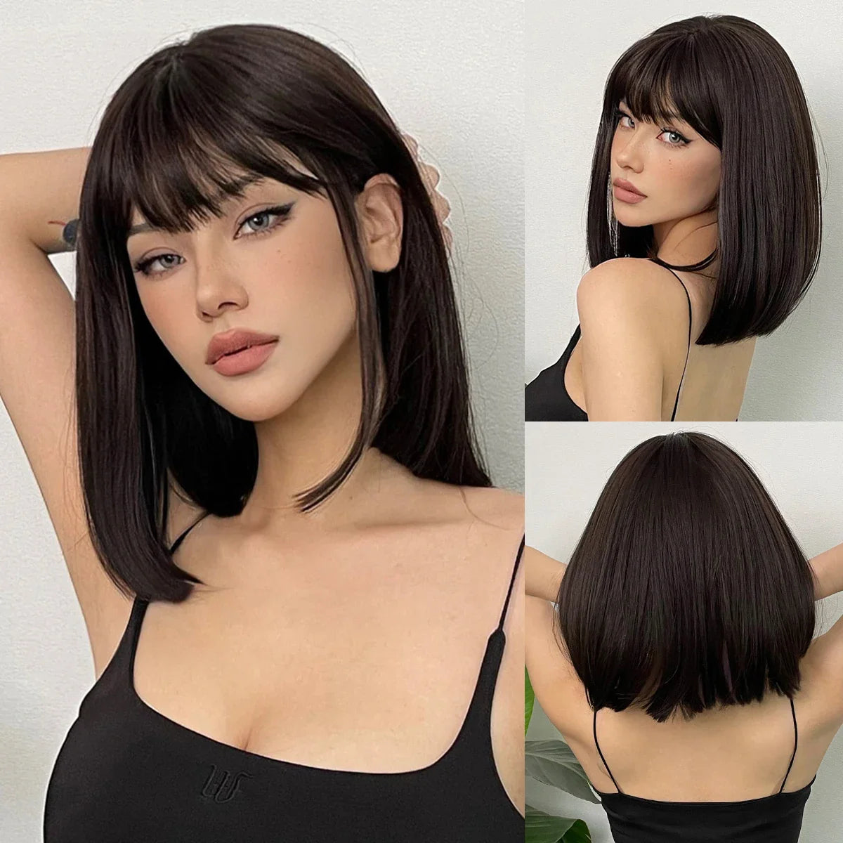 Short Black Brown Synthetic Natural Hair Wigs for Women