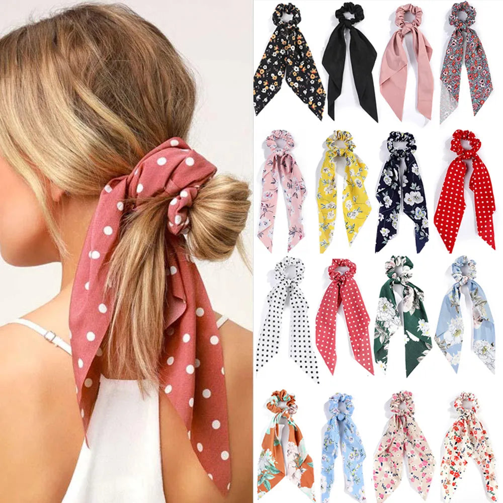 Fashion Print Chiffon Long Ribbon Scrunchies Women