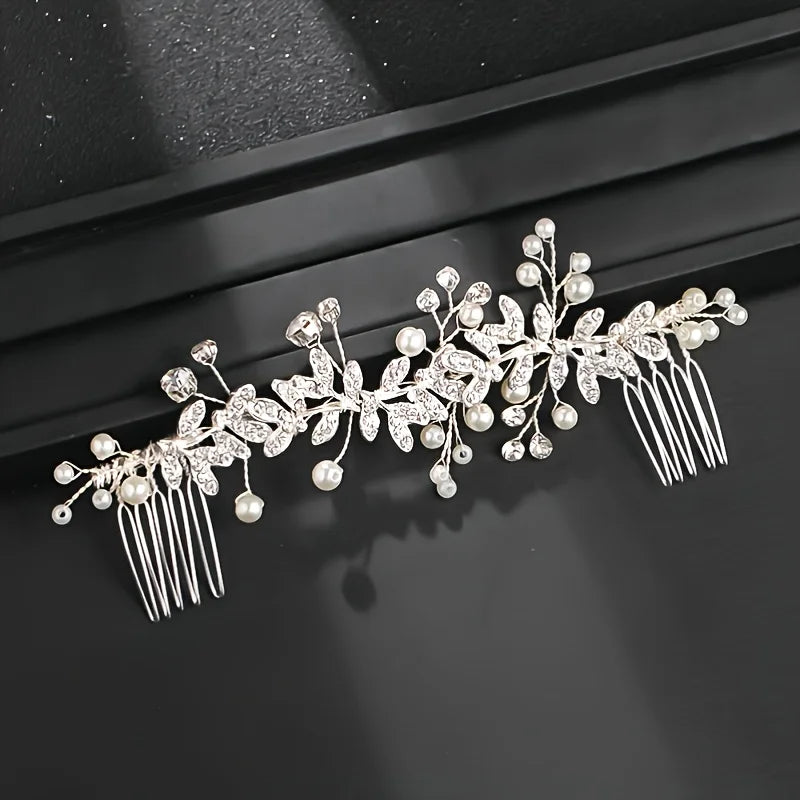 Crystal Pearl Hair Comb Clip Pin Rhinestone Leaf Hair Comb