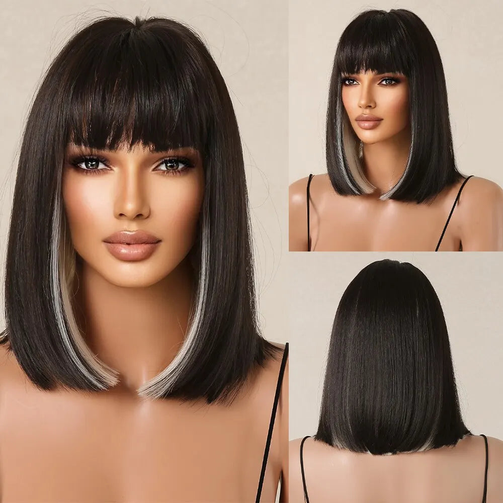 Black White Highlight Short Bob Wigs with Bangs Women