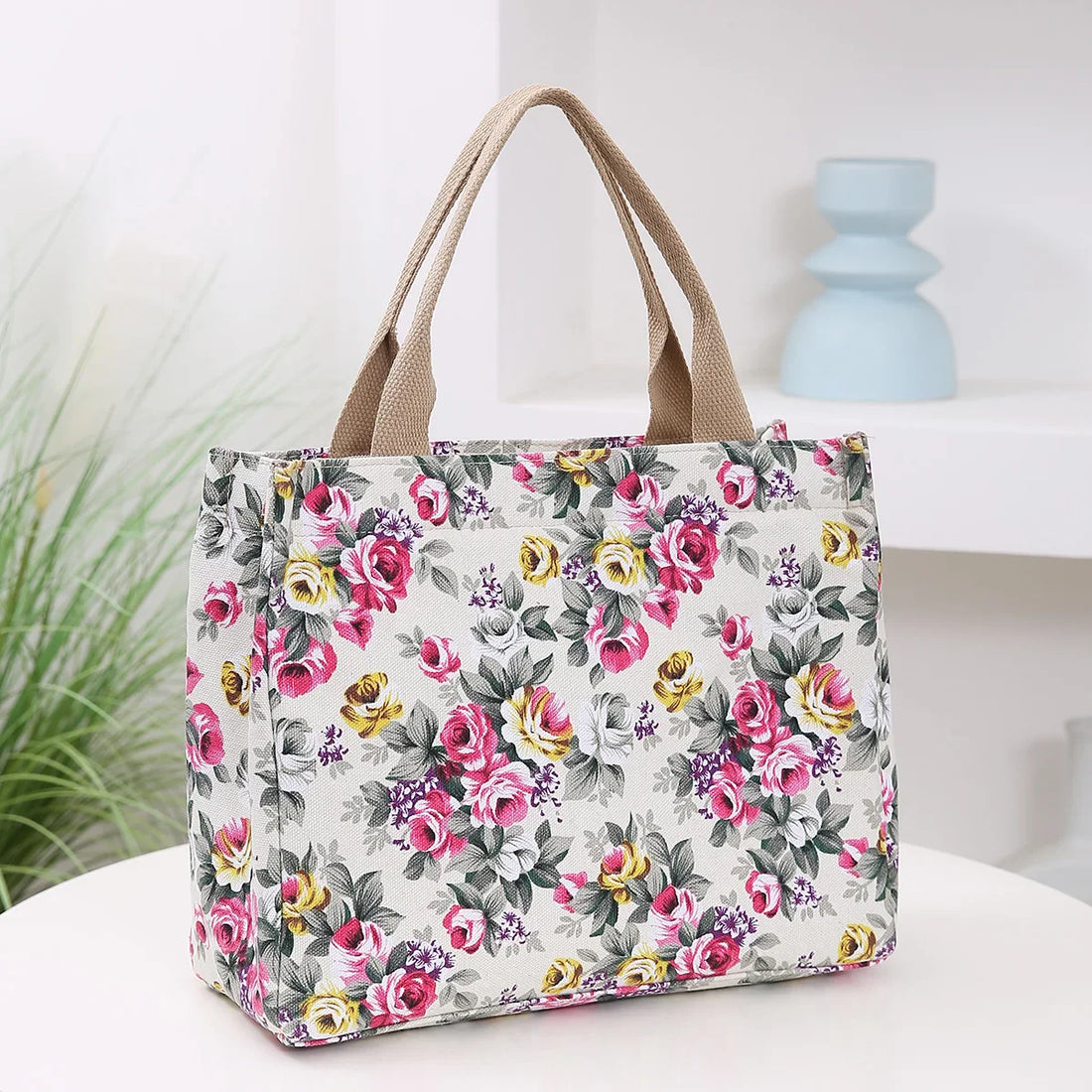 Fashion Floral Print Tote Bag, Portable Canvas Lunch Bag