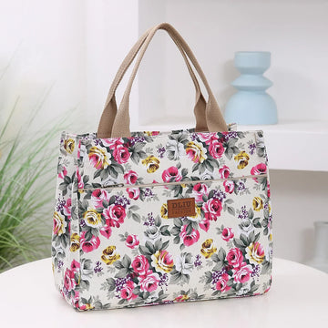 Fashion Floral Print Tote Bag, Portable Canvas Lunch Bag